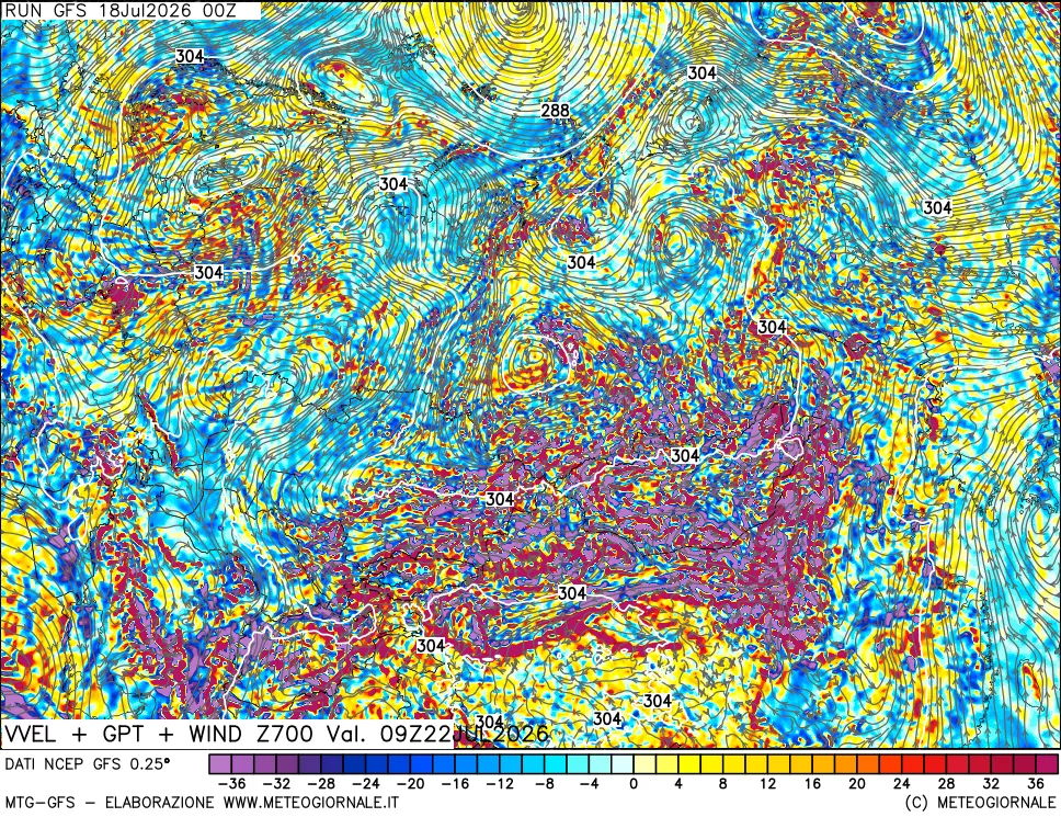 mappa 700 hPa Velocità verticiali + GPT + Vento