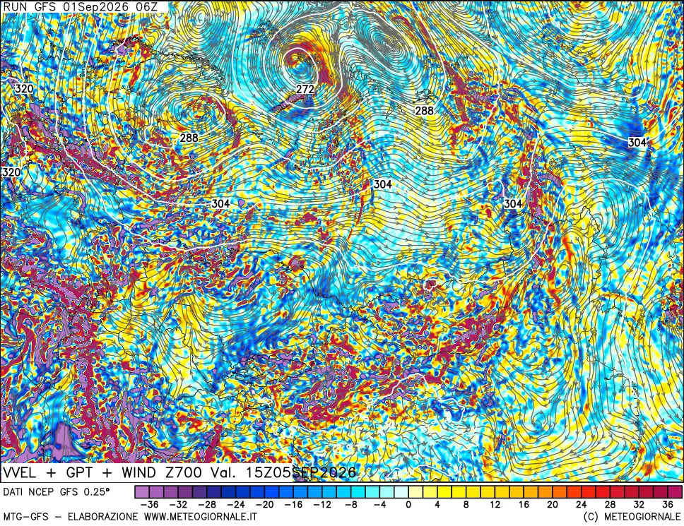 mappa 700 hPa Velocità verticiali + GPT + Vento