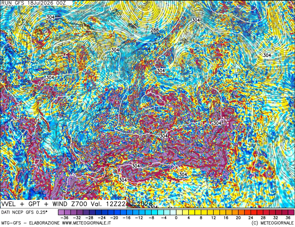 mappa 700 hPa Velocità verticiali + GPT + Vento