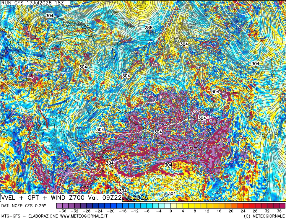 mappa 700 hPa Velocità verticiali + GPT + Vento