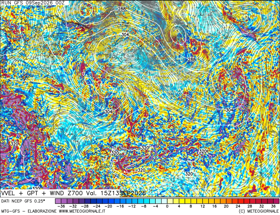 mappa 700 hPa Velocità verticiali + GPT + Vento