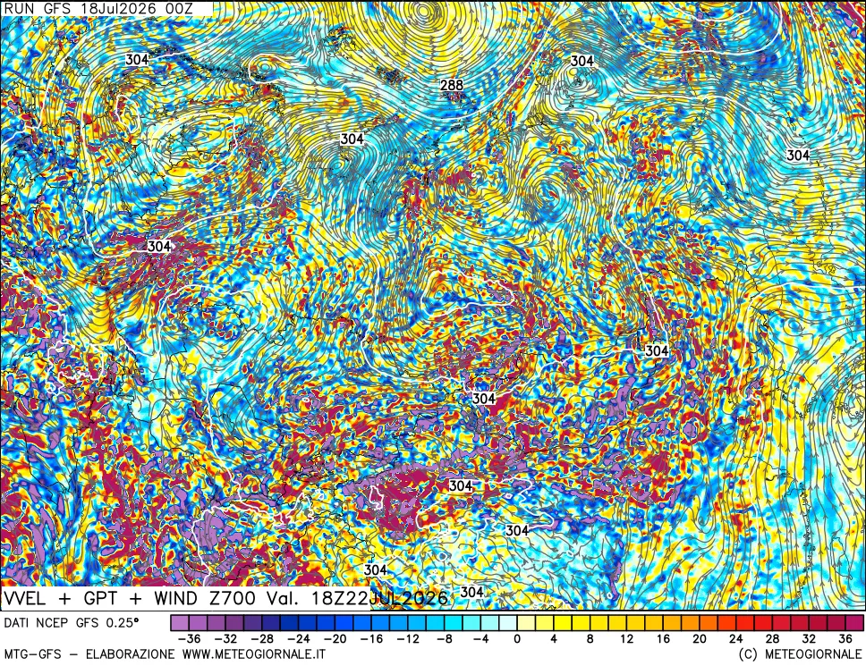 mappa 700 hPa Velocità verticiali + GPT + Vento