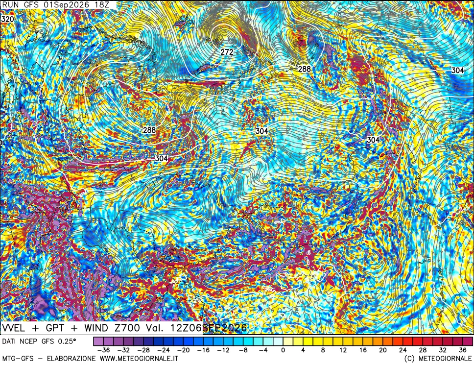 mappa 700 hPa Velocità verticiali + GPT + Vento