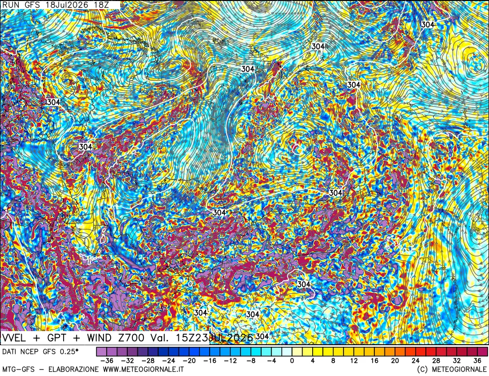 mappa 700 hPa Velocità verticiali + GPT + Vento