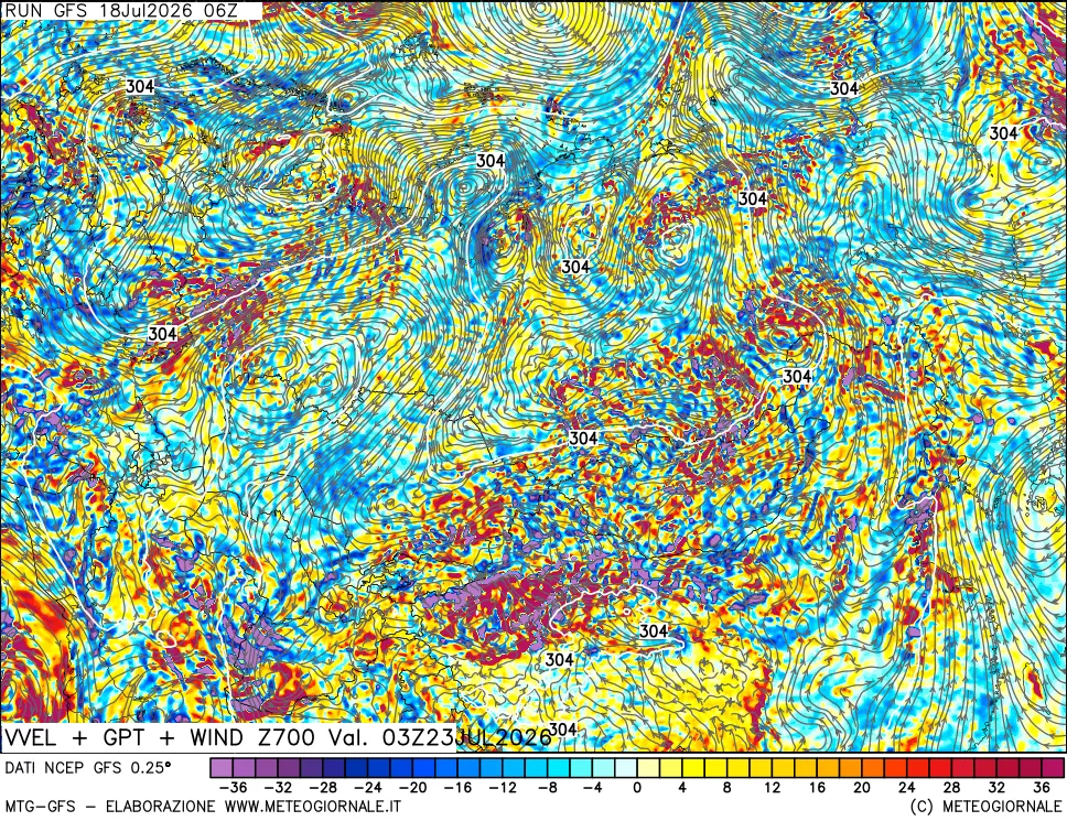 mappa 700 hPa Velocità verticiali + GPT + Vento