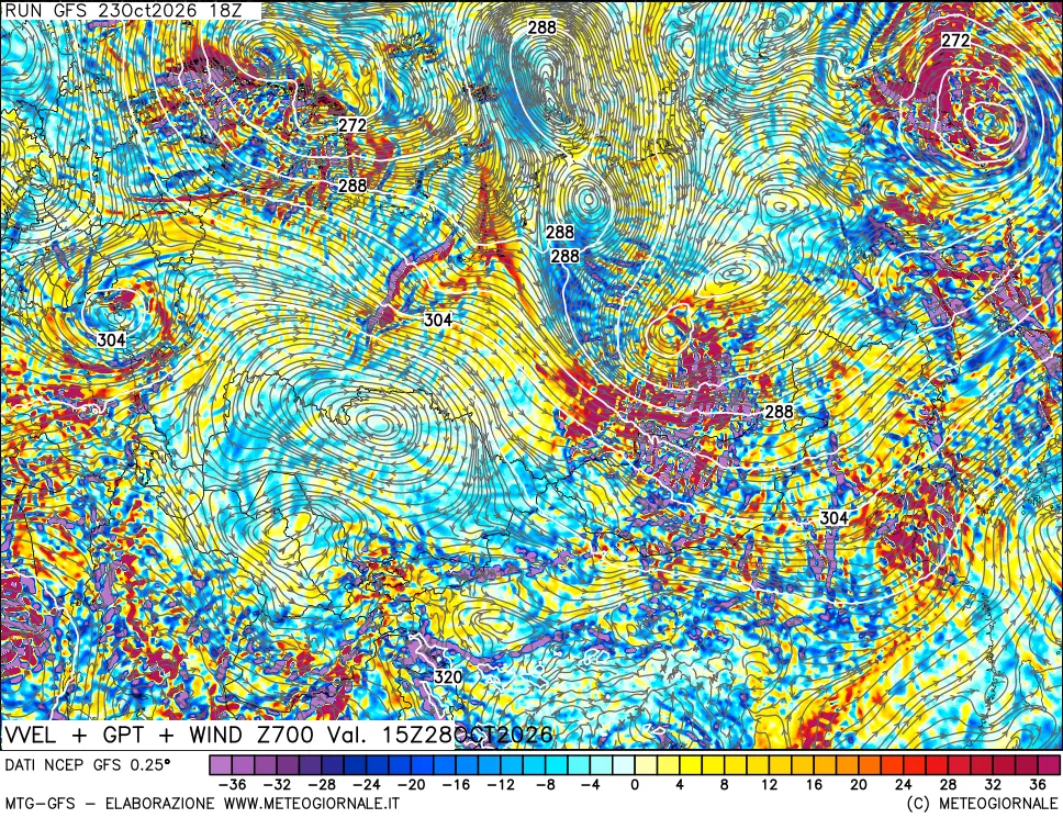 mappa 700 hPa Velocità verticiali + GPT + Vento