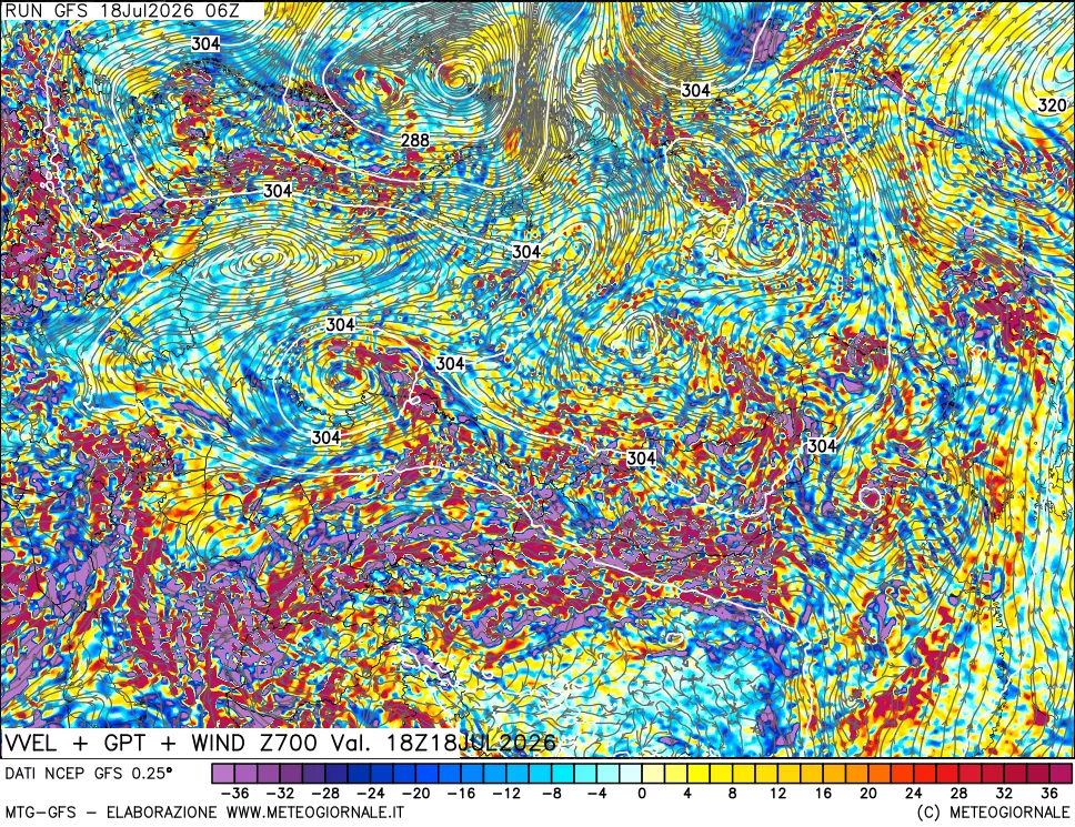 mappa 700 hPa Velocità verticiali + GPT + Vento