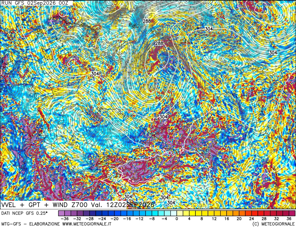 mappa 700 hPa Velocità verticiali + GPT + Vento