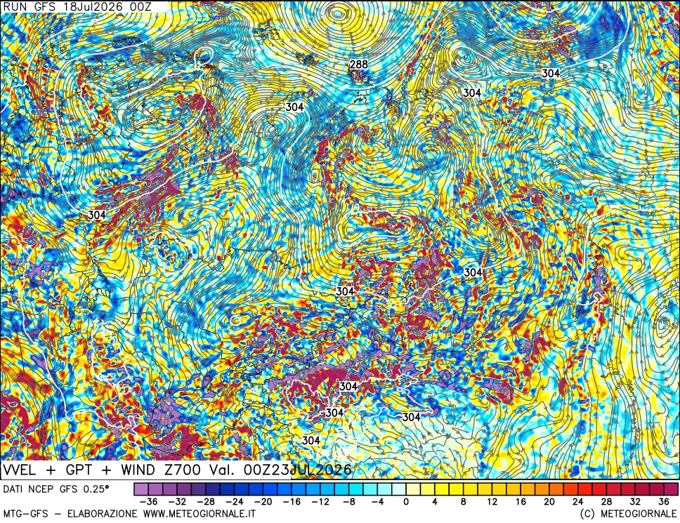 mappa 700 hPa Velocità verticiali + GPT + Vento
