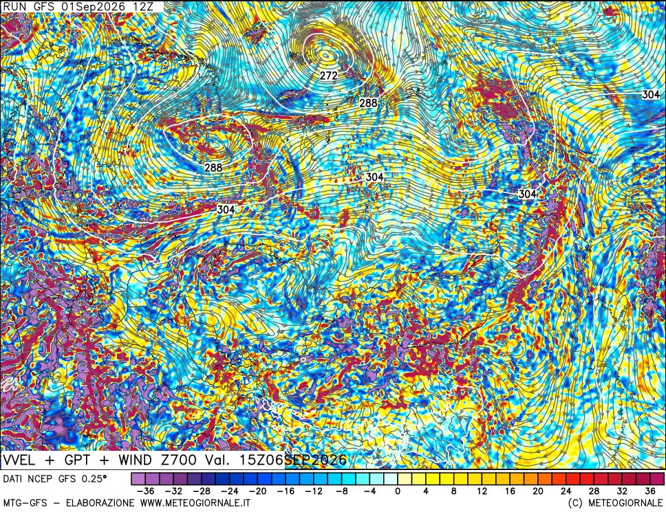 mappa 700 hPa Velocità verticiali + GPT + Vento