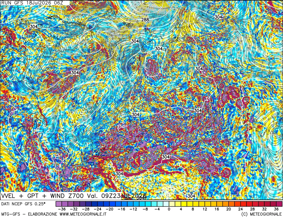 mappa 700 hPa Velocità verticiali + GPT + Vento