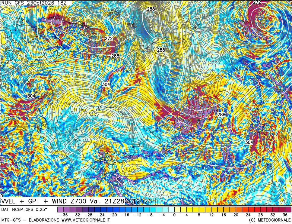 mappa 700 hPa Velocità verticiali + GPT + Vento
