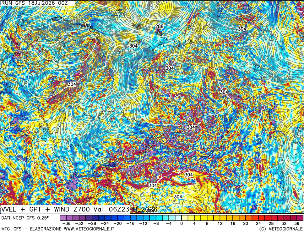 mappa 700 hPa Velocità verticiali + GPT + Vento