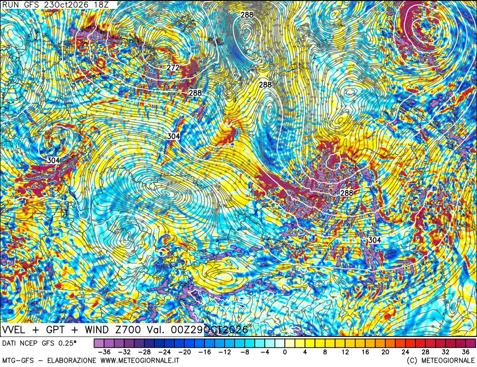 mappa 700 hPa Velocità verticiali + GPT + Vento
