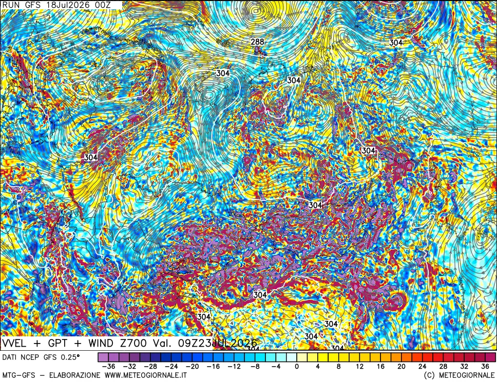 mappa 700 hPa Velocità verticiali + GPT + Vento