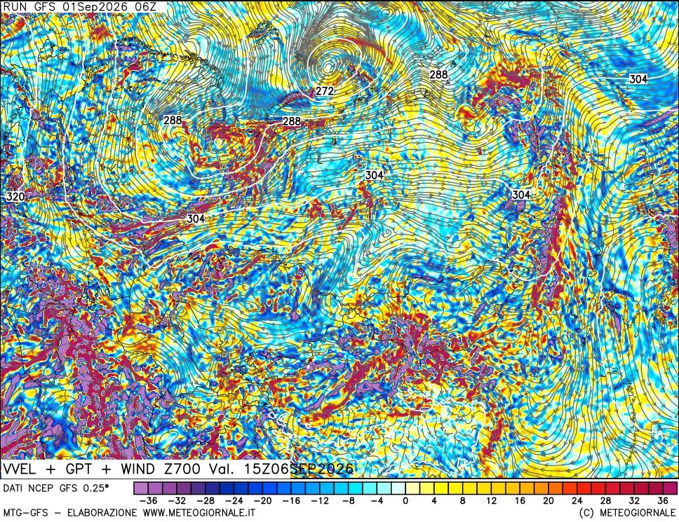 mappa 700 hPa Velocità verticiali + GPT + Vento