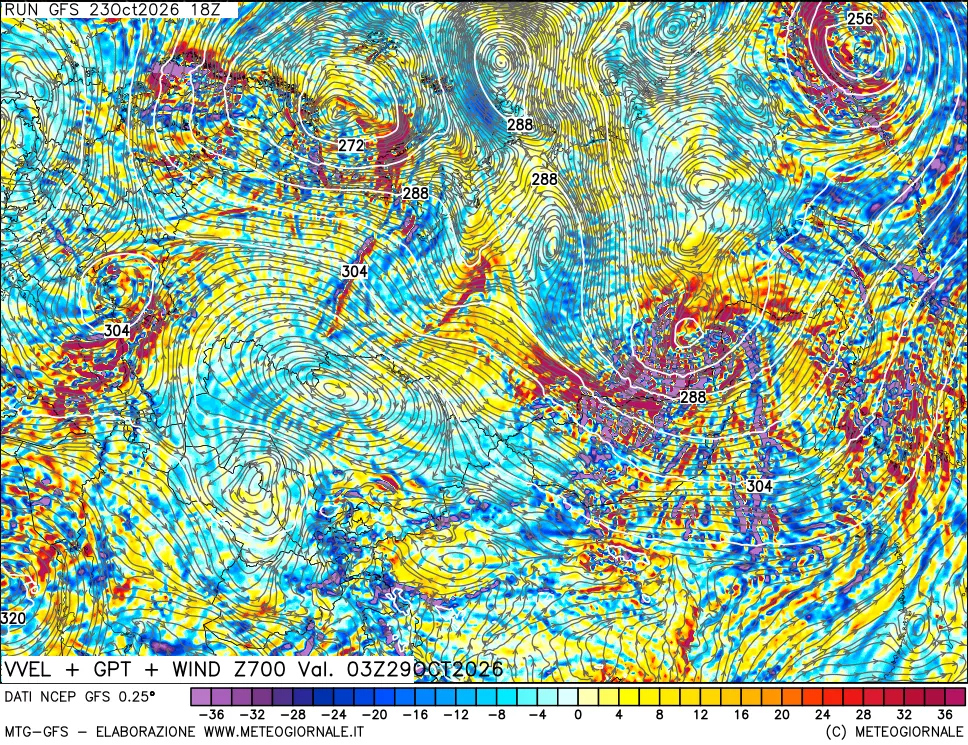 mappa 700 hPa Velocità verticiali + GPT + Vento