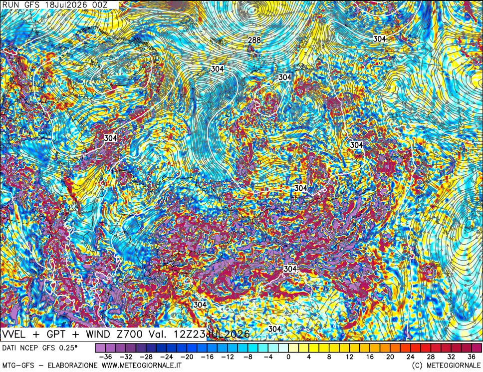 mappa 700 hPa Velocità verticiali + GPT + Vento