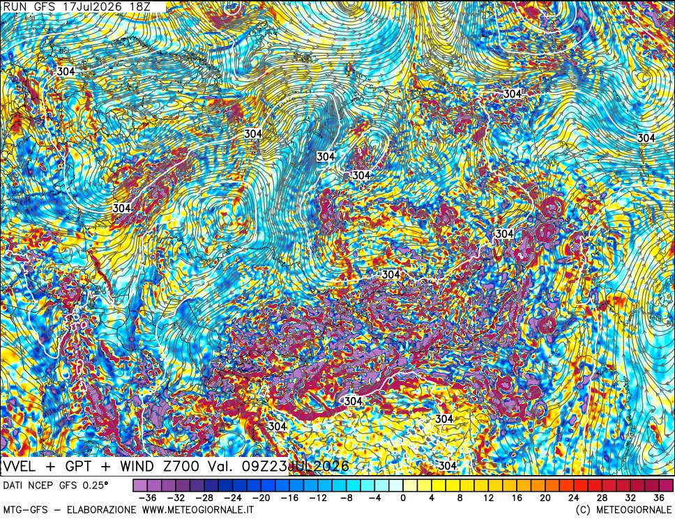 mappa 700 hPa Velocità verticiali + GPT + Vento