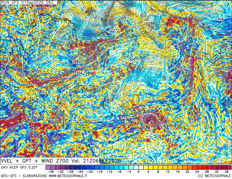 mappa 700 hPa Velocità verticiali + GPT + Vento