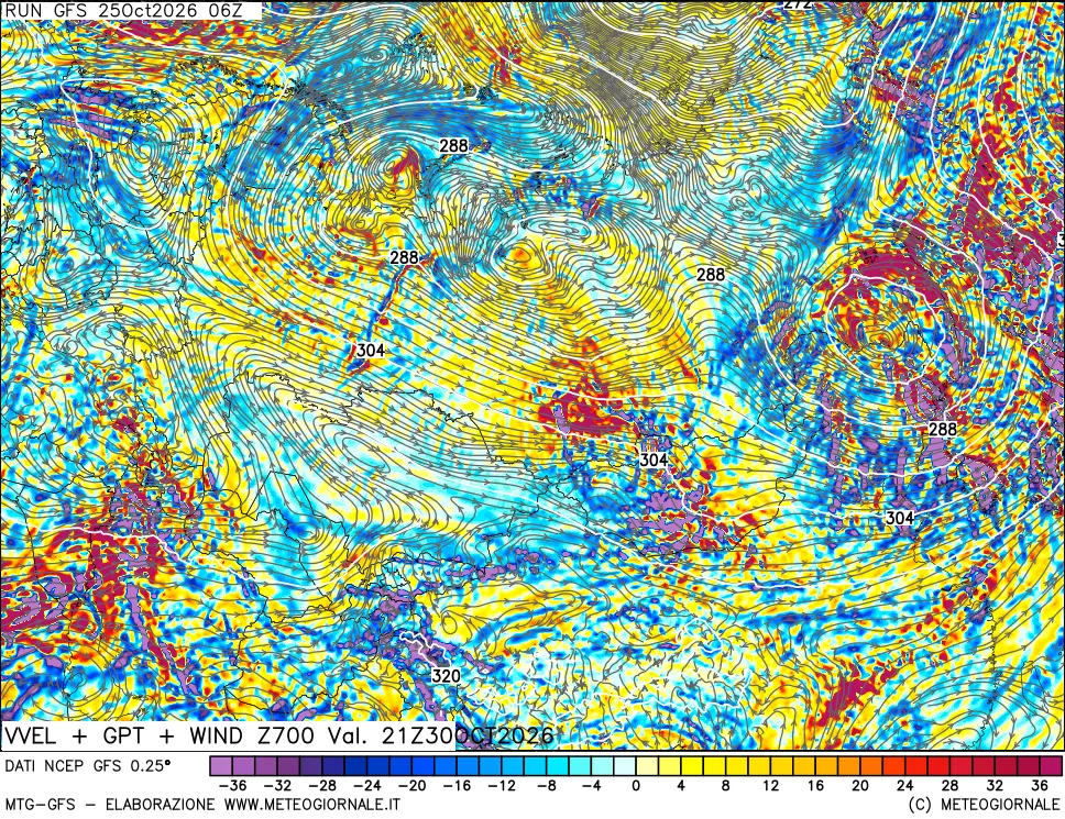 mappa 700 hPa Velocità verticiali + GPT + Vento