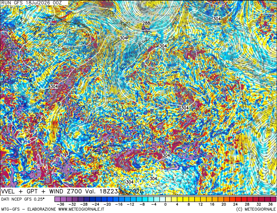 mappa 700 hPa Velocità verticiali + GPT + Vento