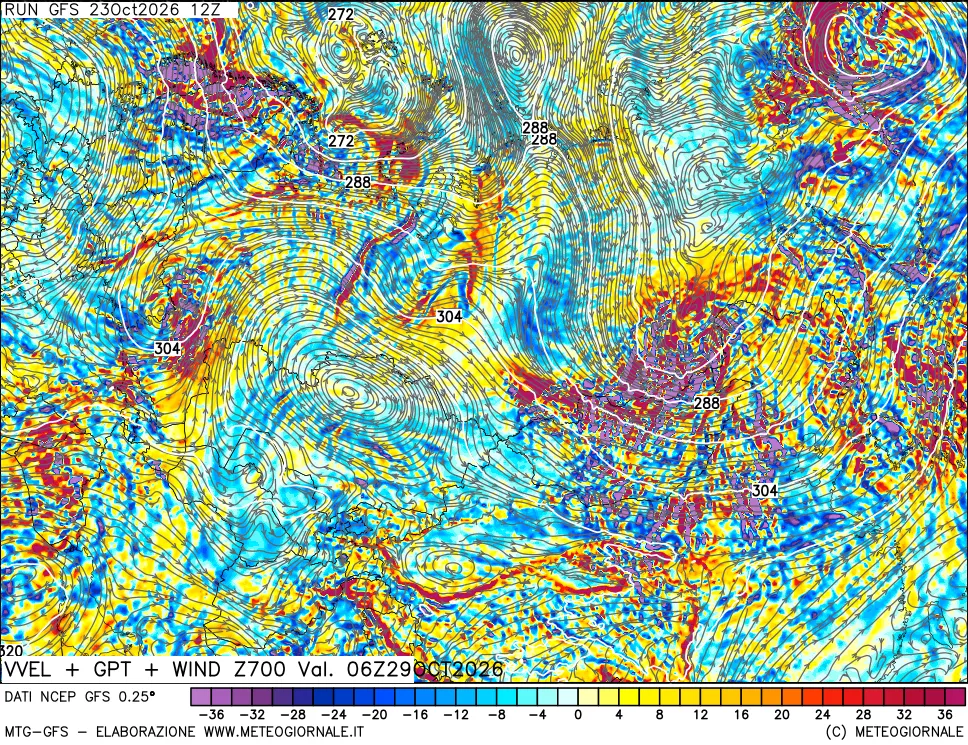 mappa 700 hPa Velocità verticiali + GPT + Vento
