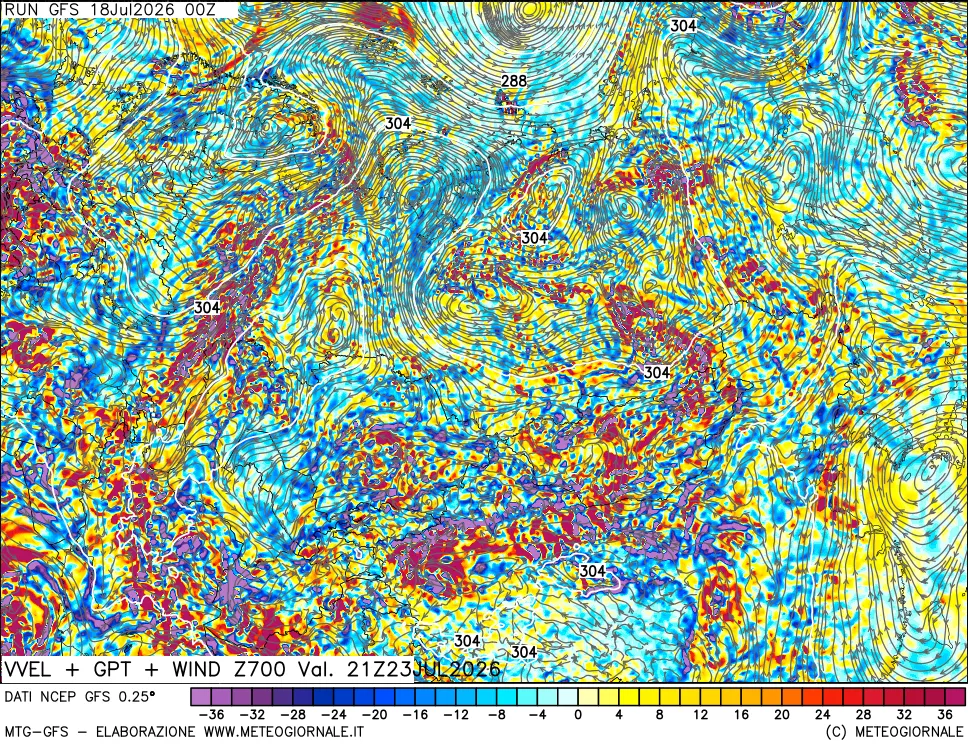mappa 700 hPa Velocità verticiali + GPT + Vento