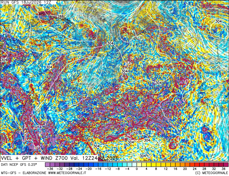 mappa 700 hPa Velocità verticiali + GPT + Vento