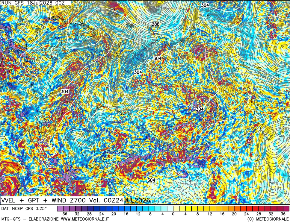 mappa 700 hPa Velocità verticiali + GPT + Vento