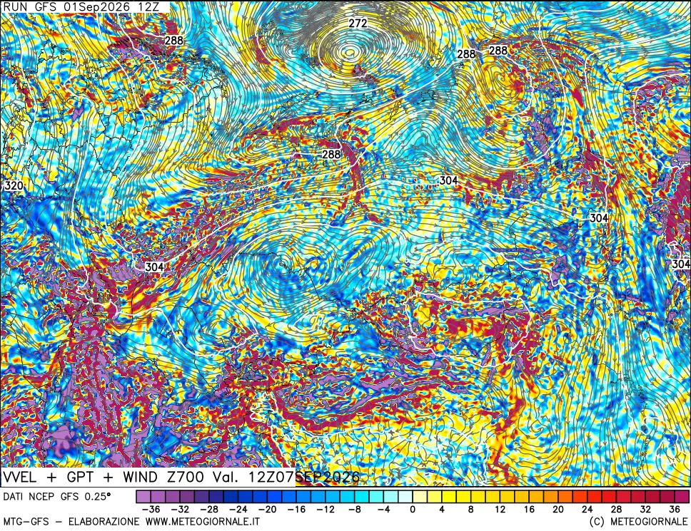 mappa 700 hPa Velocità verticiali + GPT + Vento
