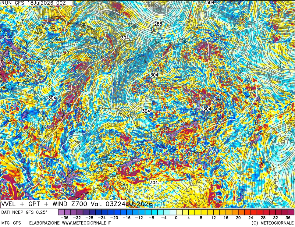mappa 700 hPa Velocità verticiali + GPT + Vento
