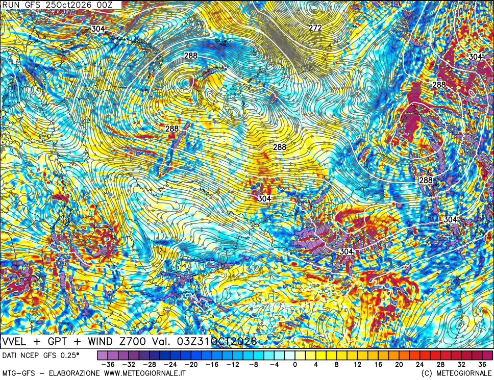 mappa 700 hPa Velocità verticiali + GPT + Vento