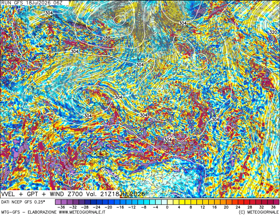 mappa 700 hPa Velocità verticiali + GPT + Vento
