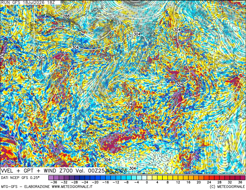 mappa 700 hPa Velocità verticiali + GPT + Vento