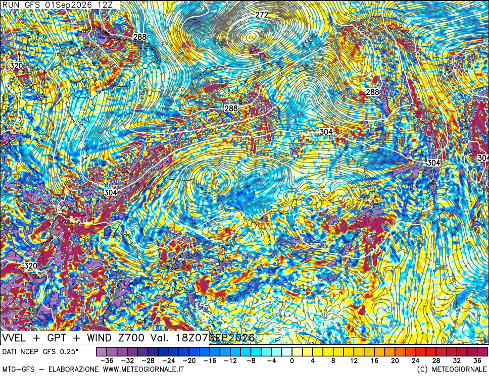mappa 700 hPa Velocità verticiali + GPT + Vento