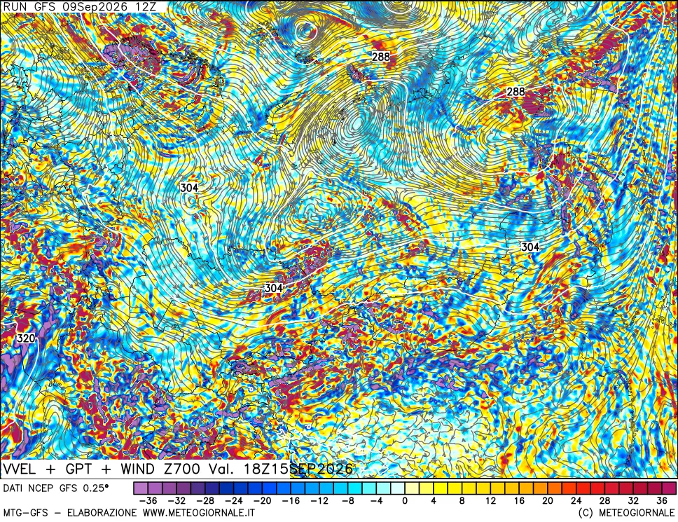 mappa 700 hPa Velocità verticiali + GPT + Vento