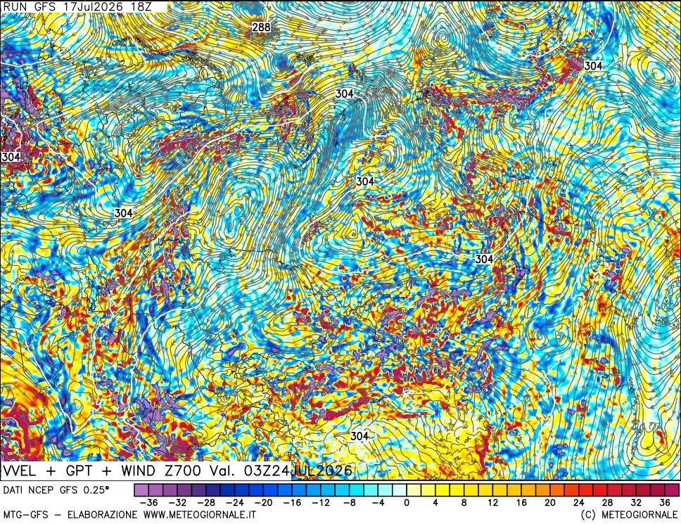 mappa 700 hPa Velocità verticiali + GPT + Vento