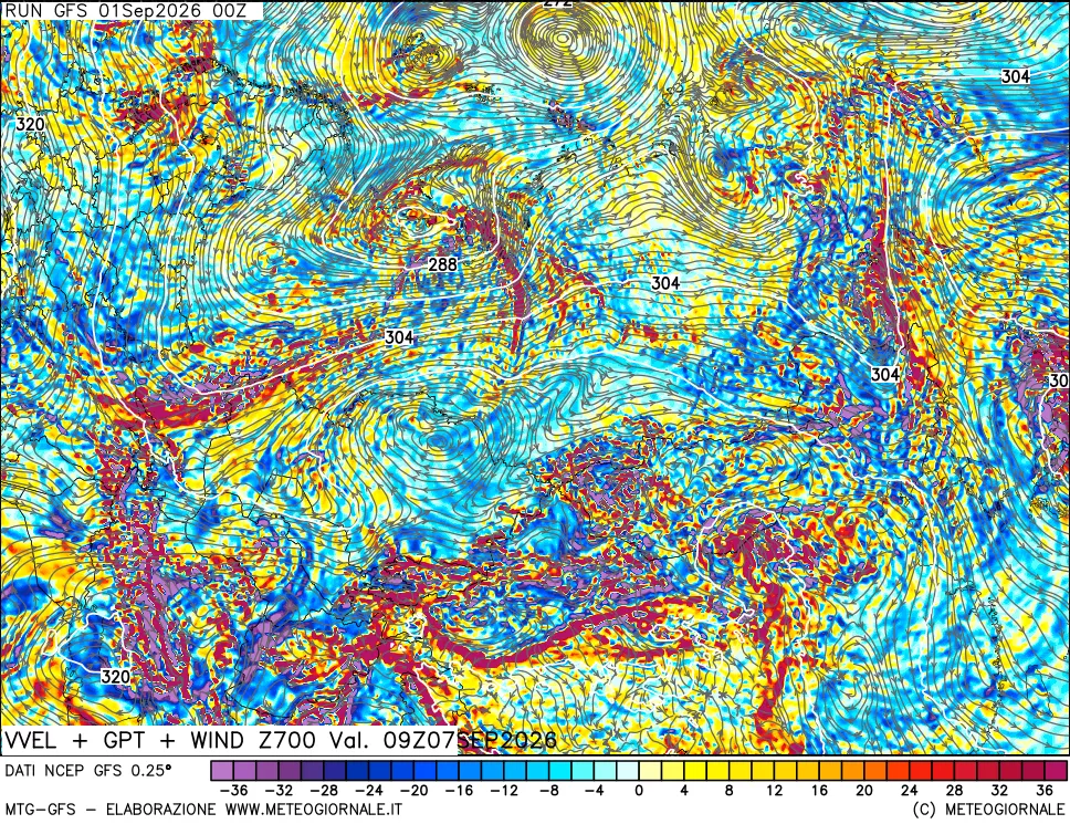 mappa 700 hPa Velocità verticiali + GPT + Vento