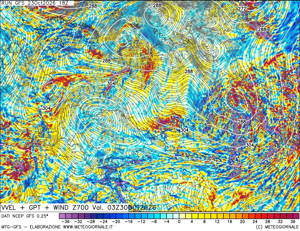mappa 700 hPa Velocità verticiali + GPT + Vento