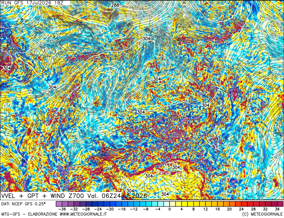 mappa 700 hPa Velocità verticiali + GPT + Vento