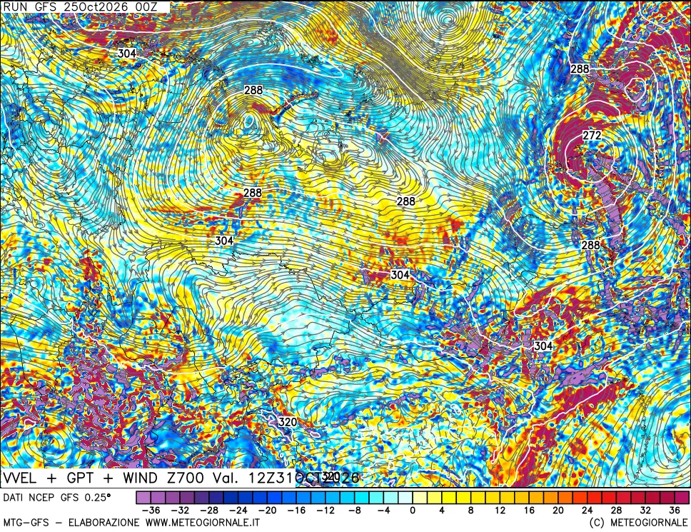 mappa 700 hPa Velocità verticiali + GPT + Vento