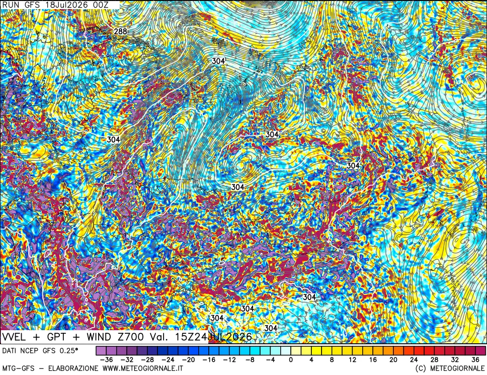 mappa 700 hPa Velocità verticiali + GPT + Vento