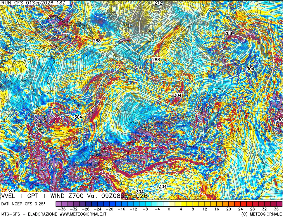 mappa 700 hPa Velocità verticiali + GPT + Vento