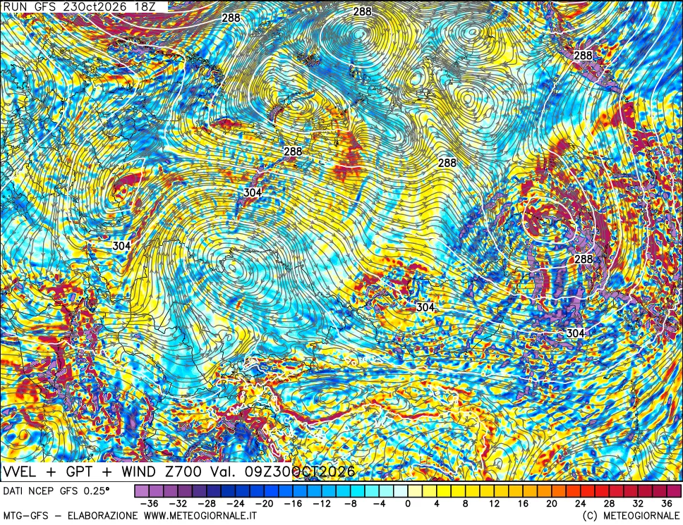 mappa 700 hPa Velocità verticiali + GPT + Vento