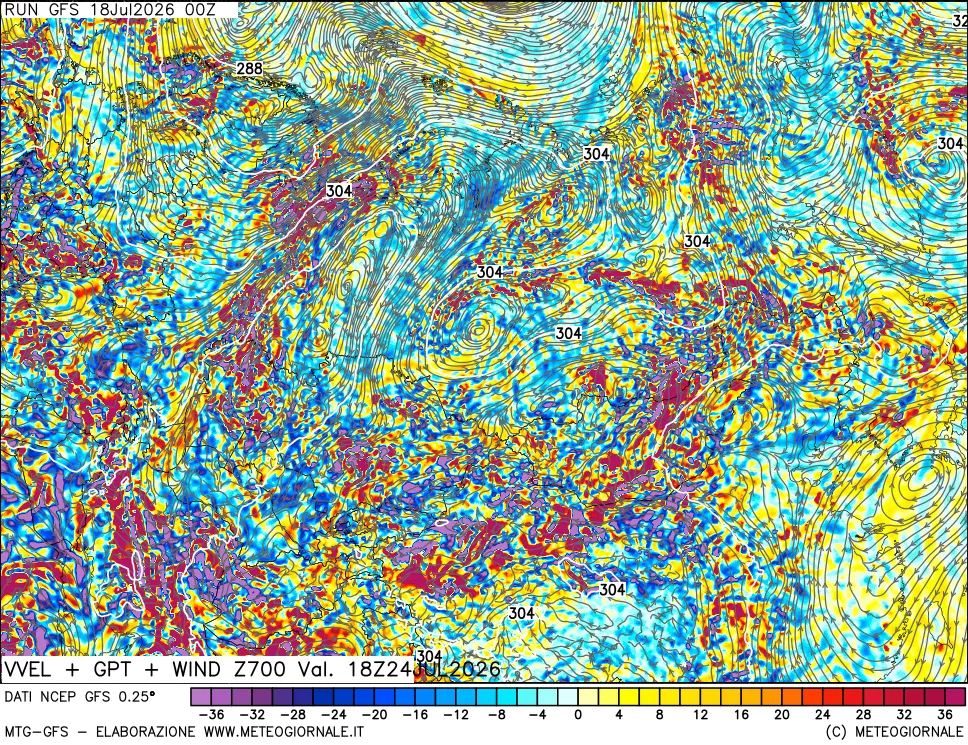 mappa 700 hPa Velocità verticiali + GPT + Vento