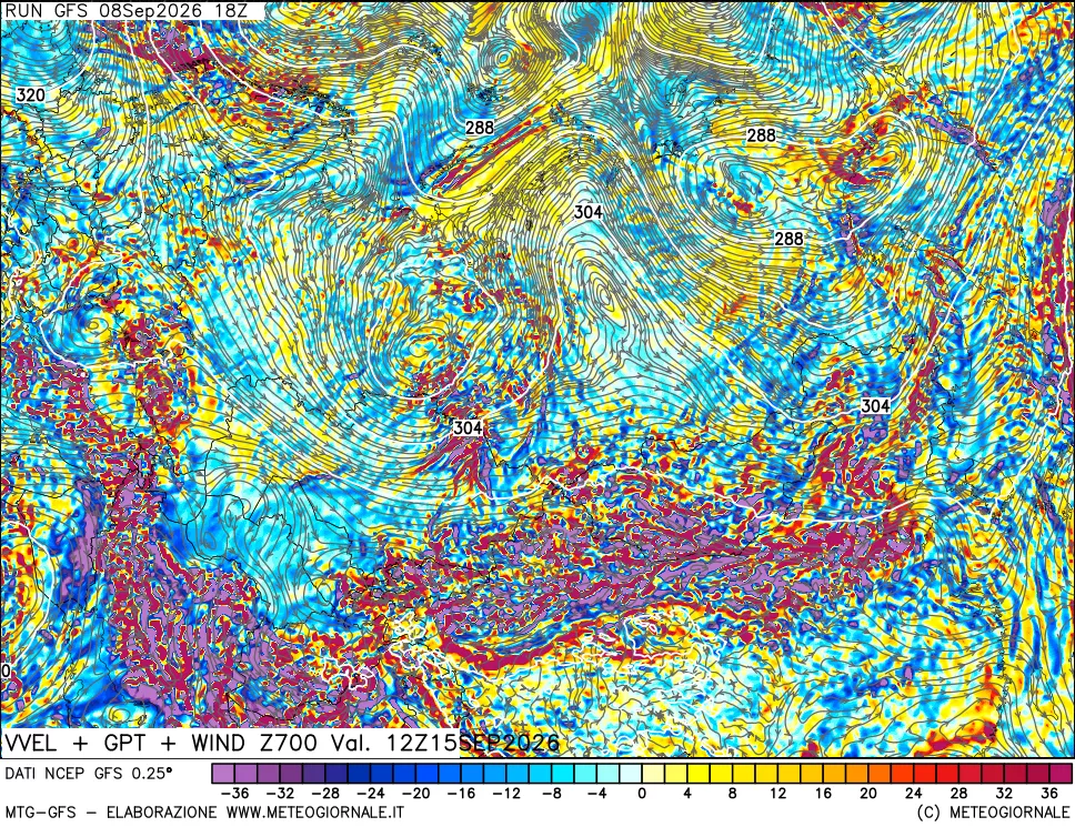 mappa 700 hPa Velocità verticiali + GPT + Vento