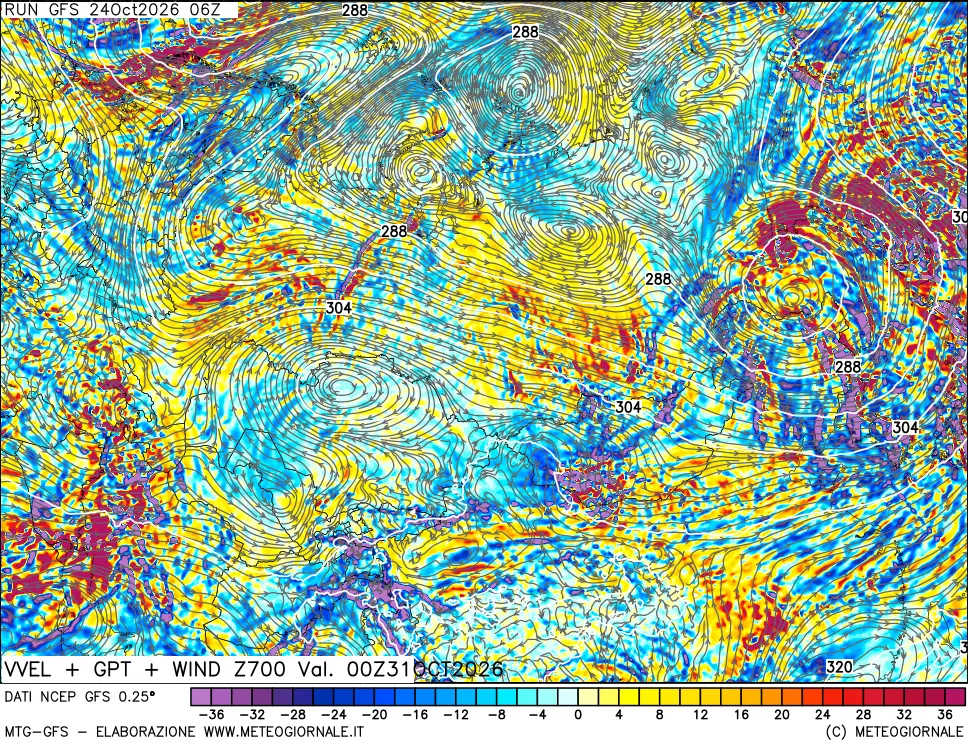 mappa 700 hPa Velocità verticiali + GPT + Vento