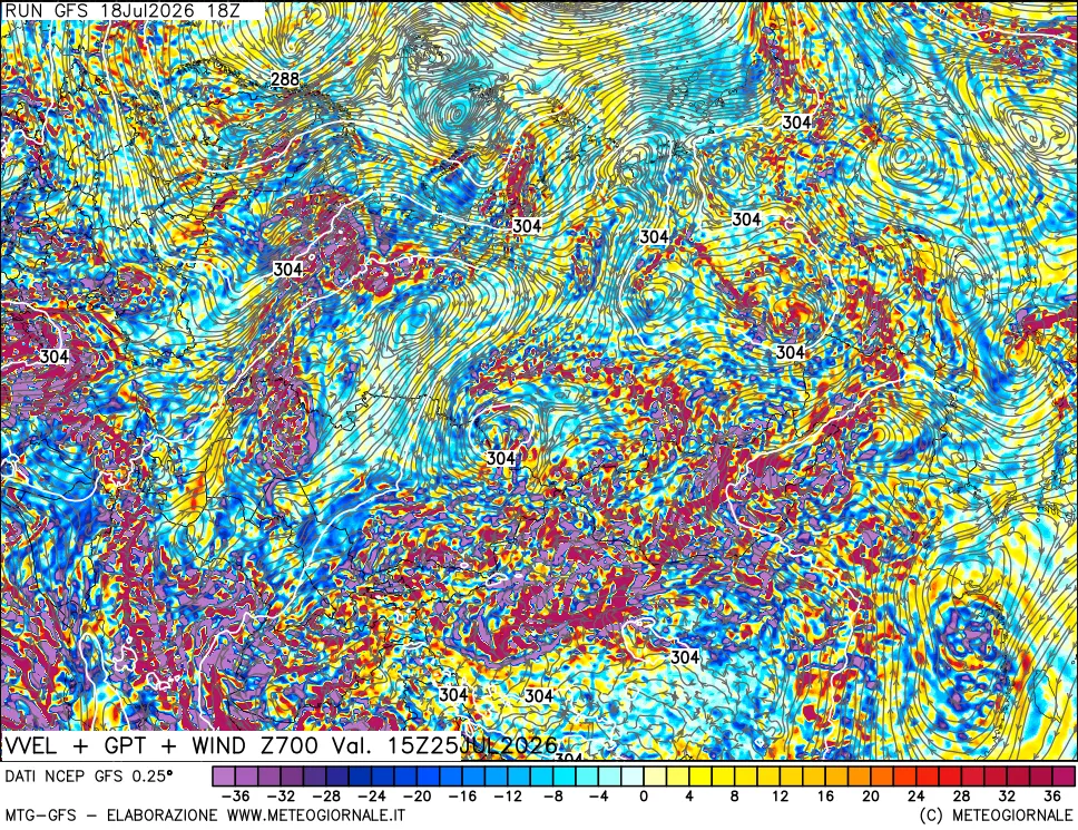 mappa 700 hPa Velocità verticiali + GPT + Vento