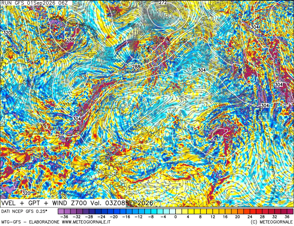 mappa 700 hPa Velocità verticiali + GPT + Vento